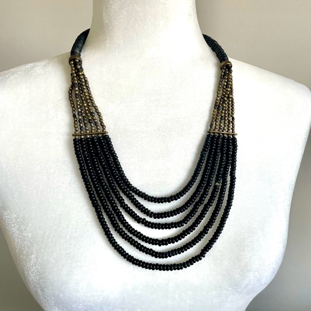 Vintage Beaded Necklace, Black Beaded Necklace, Gold beads, Brass beads